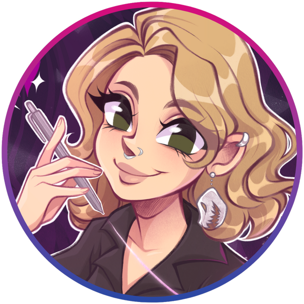 Sass Addams - Portrait (Circle) A portrait of Sass Addams in a cartoon style with a purple background. Sass is a white woman with blonde wavy hair to her shoulders, hazel eyes, and a nose ring. She is wearing a black collared shirt and white earrings in the shape of a T-Rex's skull.